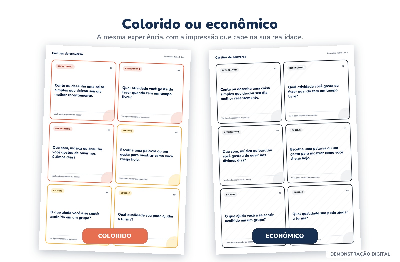 Comparação digital entre cartões coloridos e econômicos