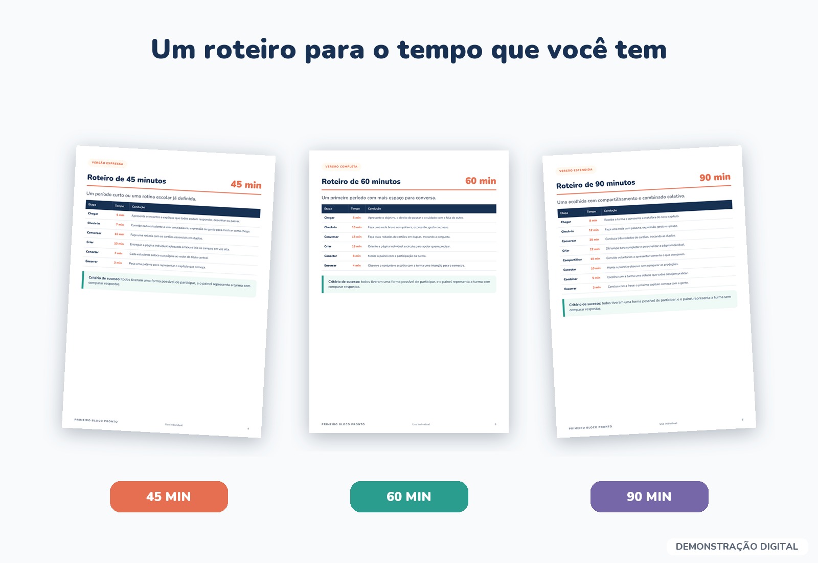 Demonstração digital dos roteiros de 45, 60 e 90 minutos